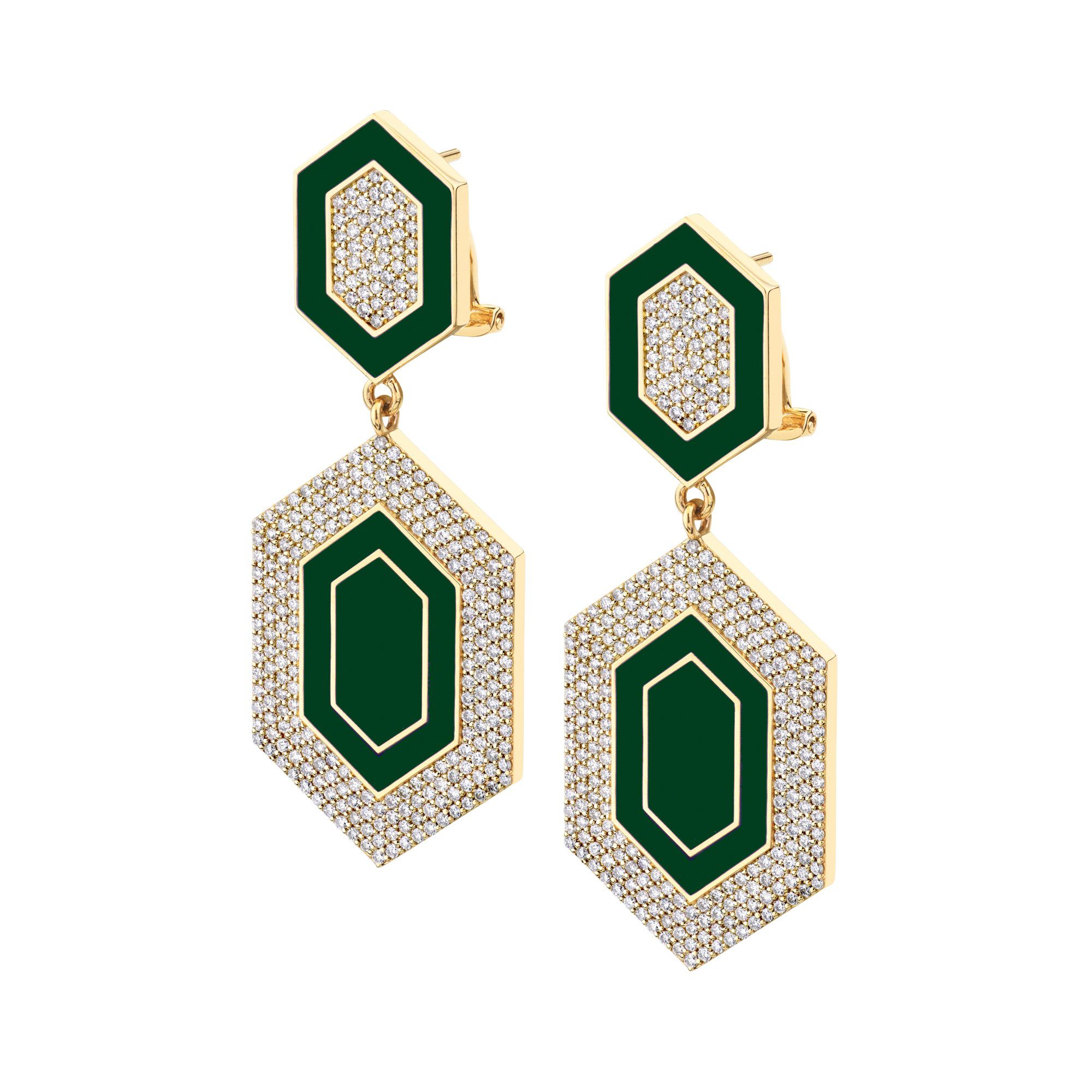 MICHAEL M Earrings 14k Yellow Gold / Green Chroma Pavé Hexagon Cocktail Earrings ER490