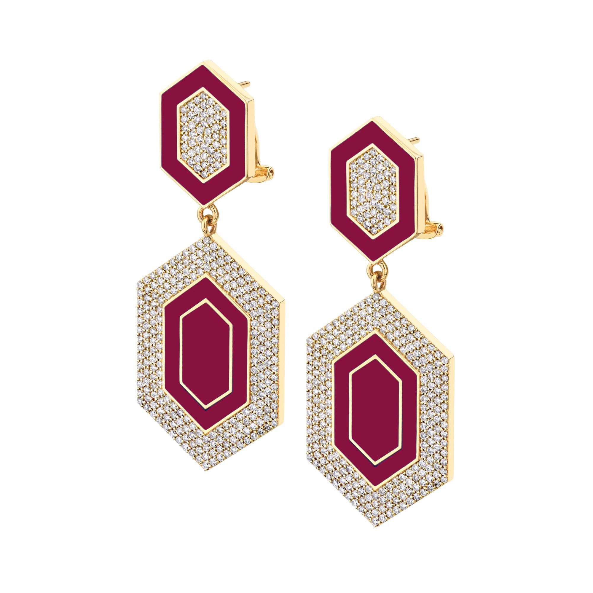 MICHAEL M Earrings 14k Yellow Gold / Magenta Chroma Pavé Hexagon Cocktail Earrings ER490