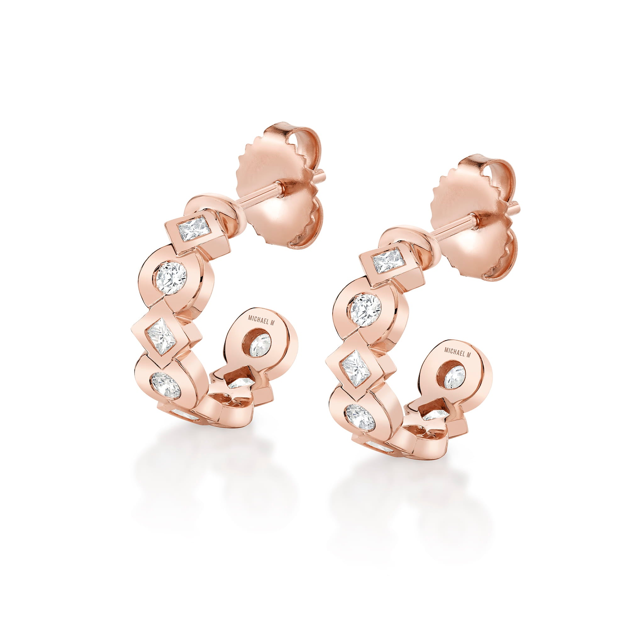 MICHAEL M Earrings 18K Rose Gold Bezel Round and Princess Hoops ER631