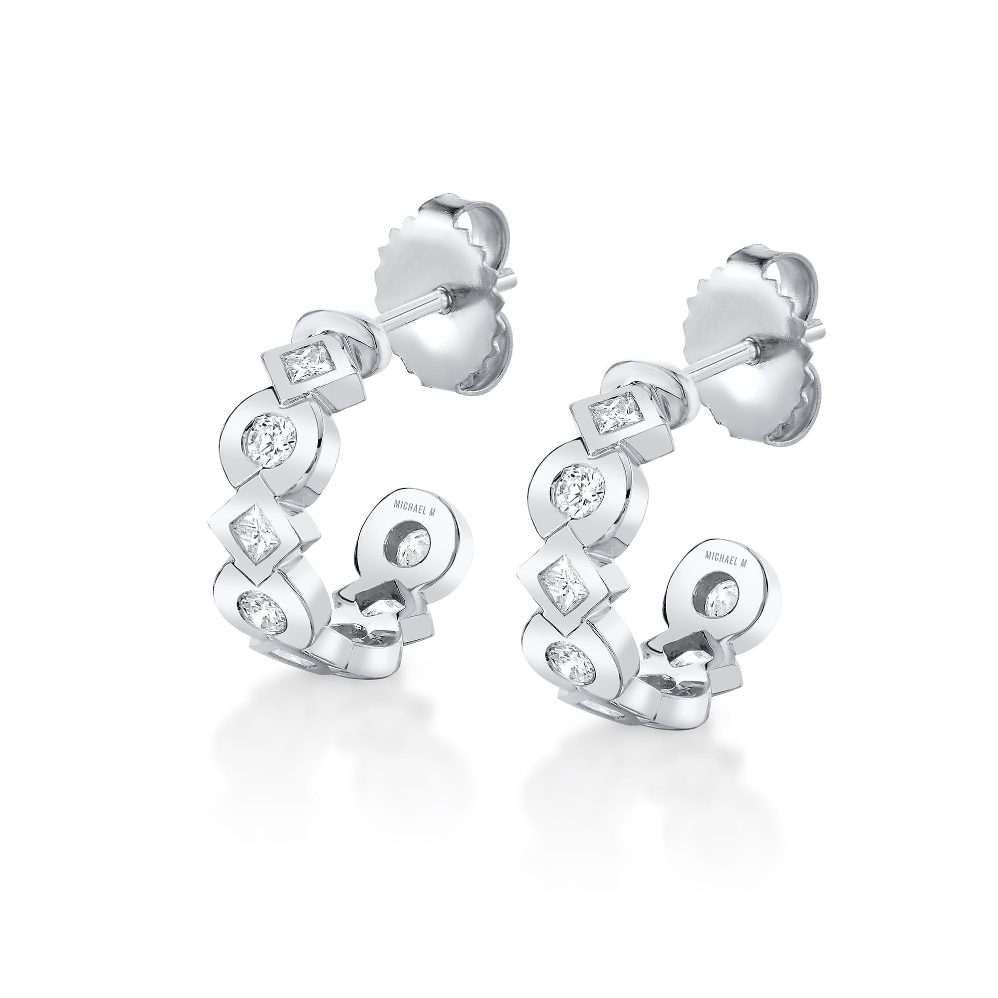 MICHAEL M Earrings 18K White Gold Bezel Round and Princess Hoops ER631