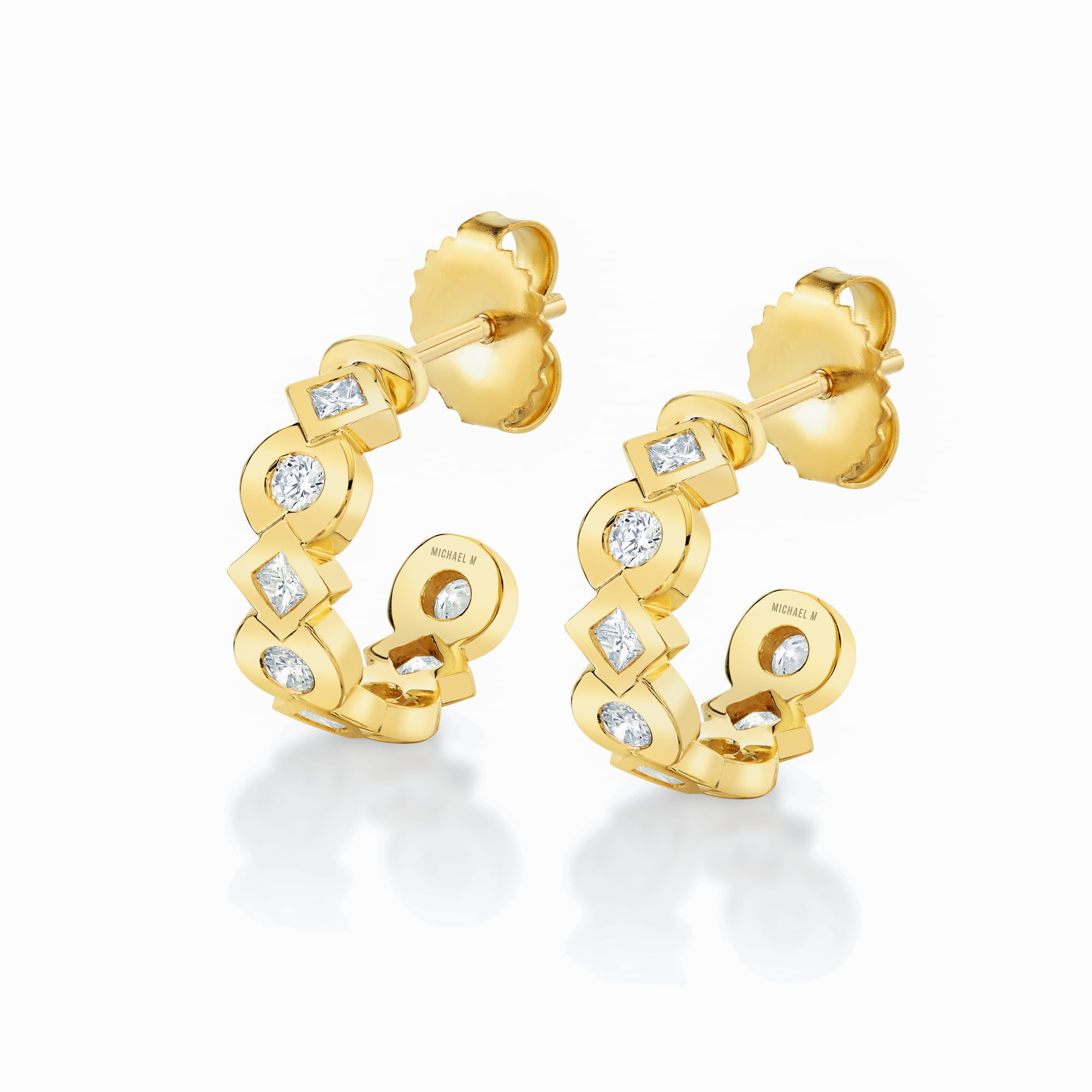 MICHAEL M Earrings 18K Yellow Gold Bezel Round and Princess Hoops ER631