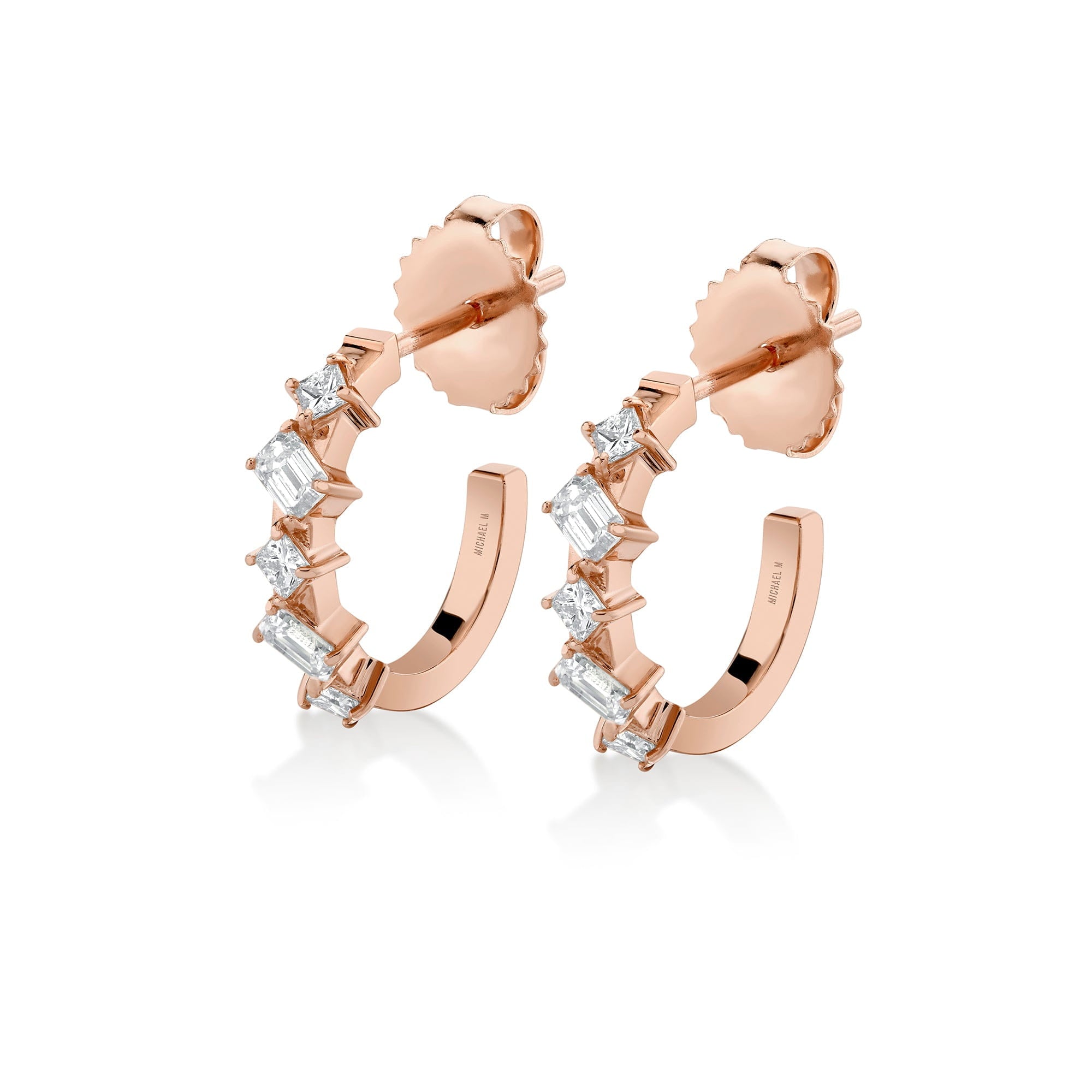 MICHAEL M Fashion Earrings 18K Rose Gold Montage Emerald and Princess Cut Diamond Hoops ER625