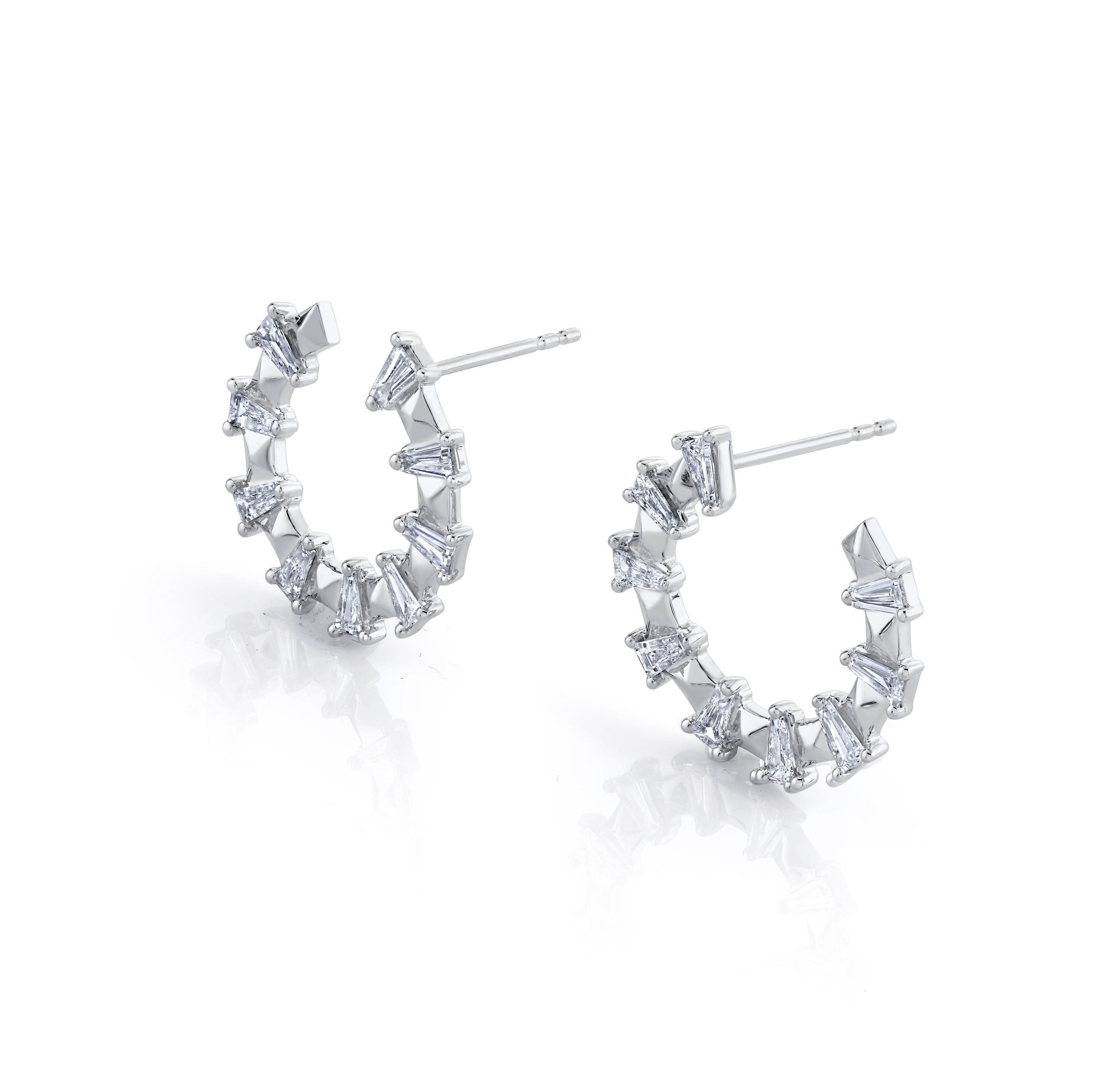 MICHAEL M Fashion Earrings 18K White Gold Montage Baguette Front-to-Back Hoops