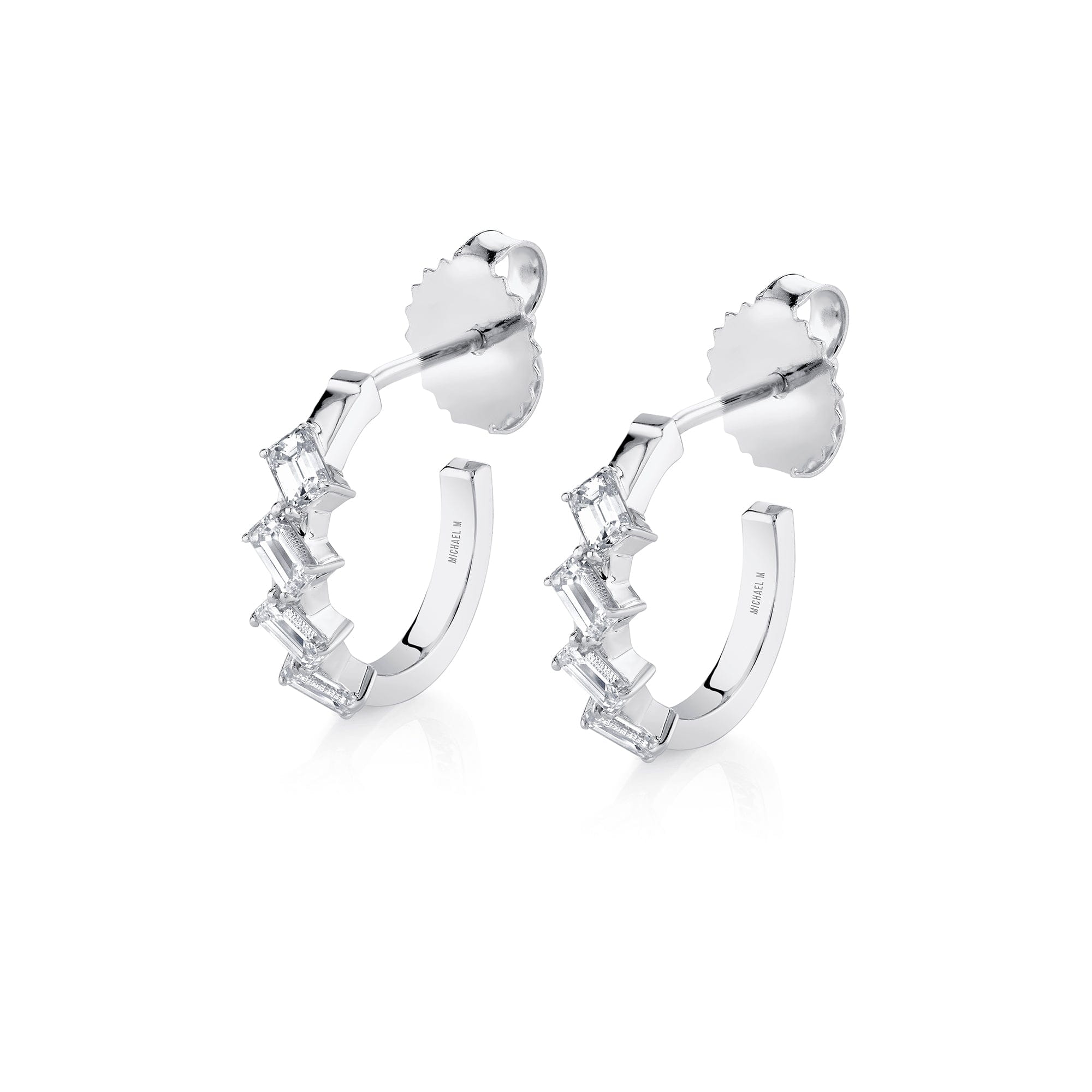 MICHAEL M Fashion Earrings 18K White Gold Montage Emerald Cut Diamond Hoops ER626