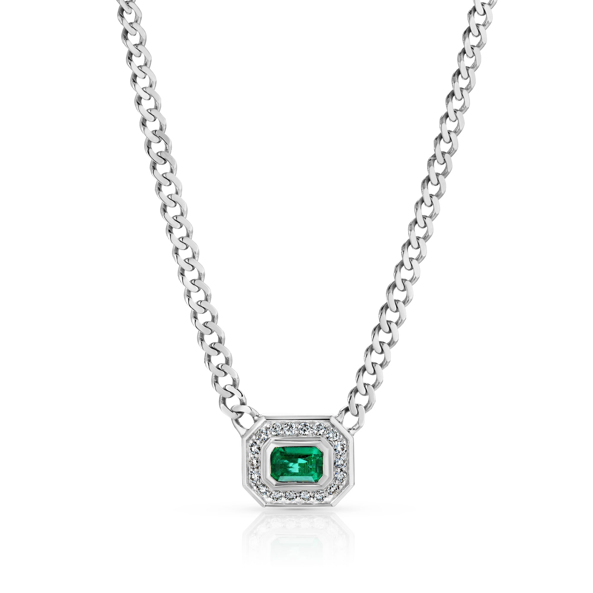 MICHAEL M Fashion Necklaces 18K White Gold Montage Color Emerald Halo Necklace P563