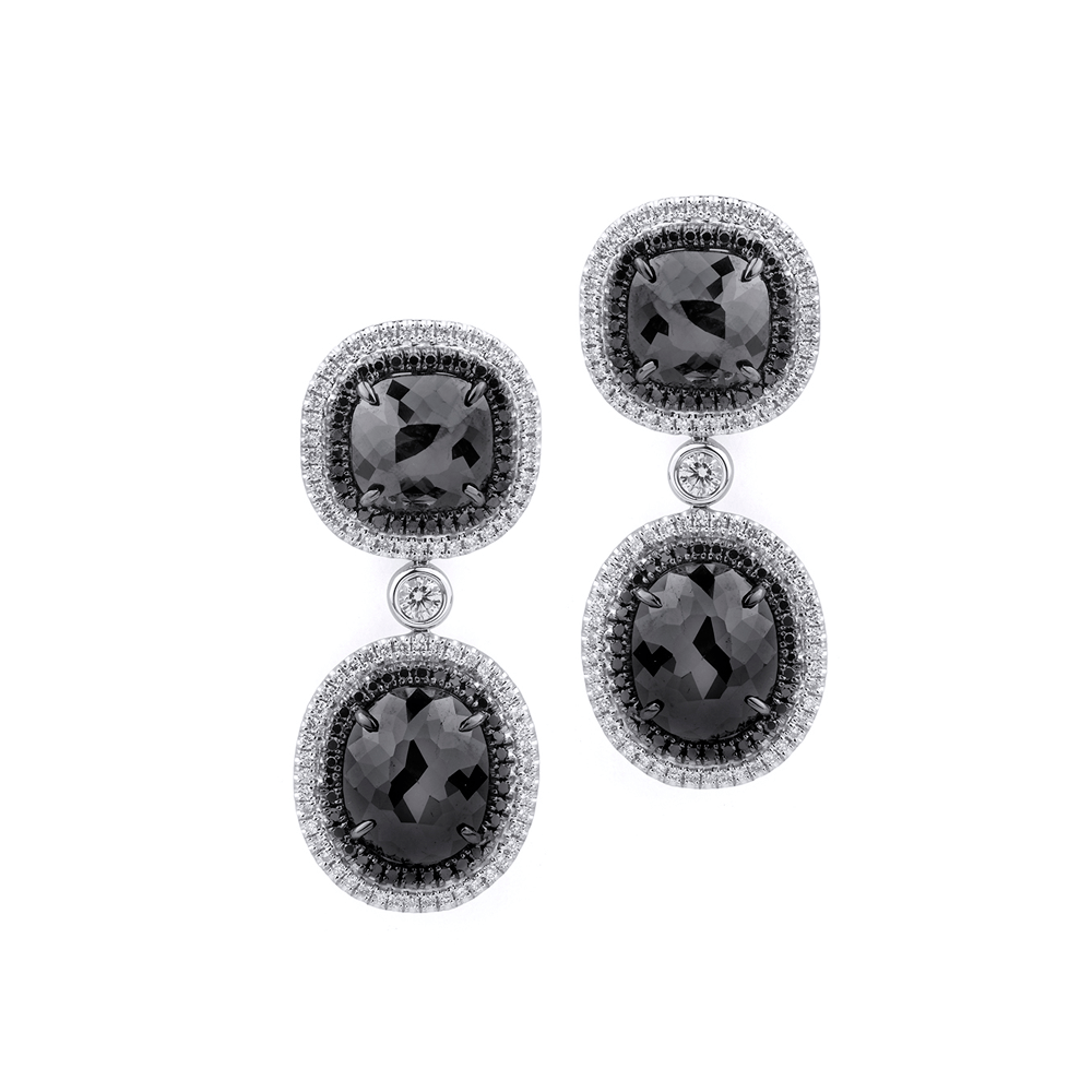 MICHAEL M High Jewelry Double Drop Cushion Black Diamond Earrings ER259