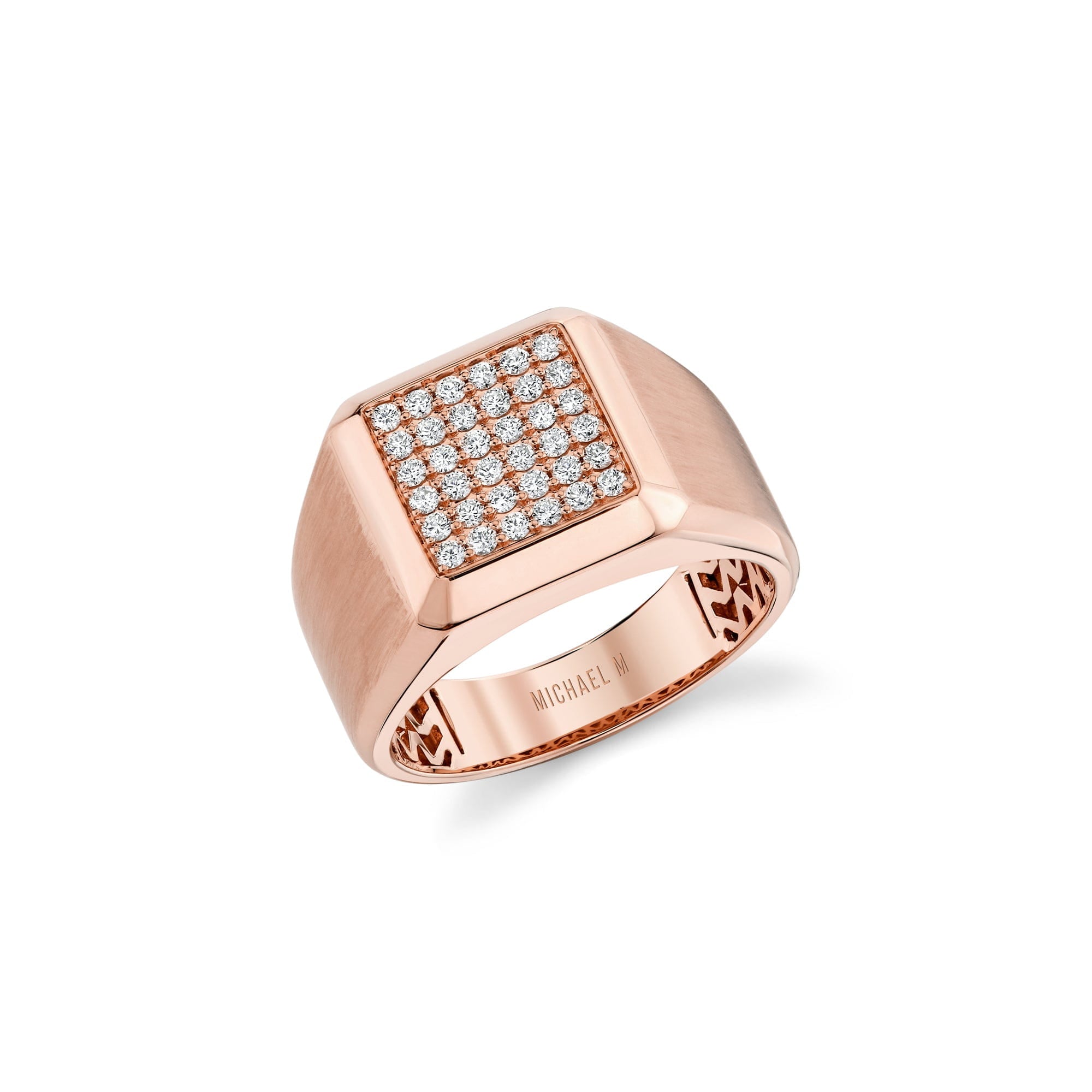 MICHAEL M Men's 18K Rose Gold / 9 Mens Block Signet Ring with Pave