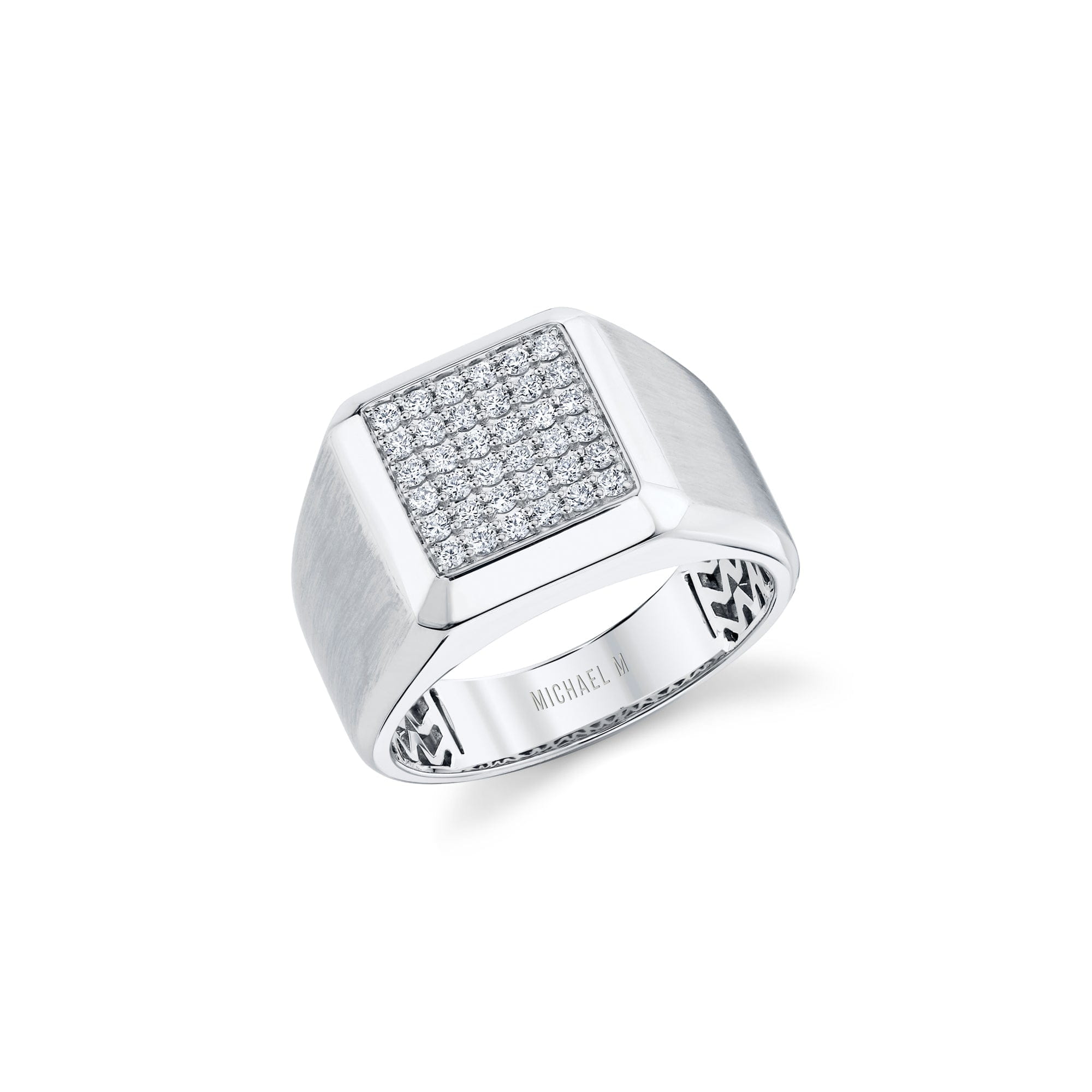 MICHAEL M Men's 18K White Gold / 9 Mens Block Signet Ring with Pave
