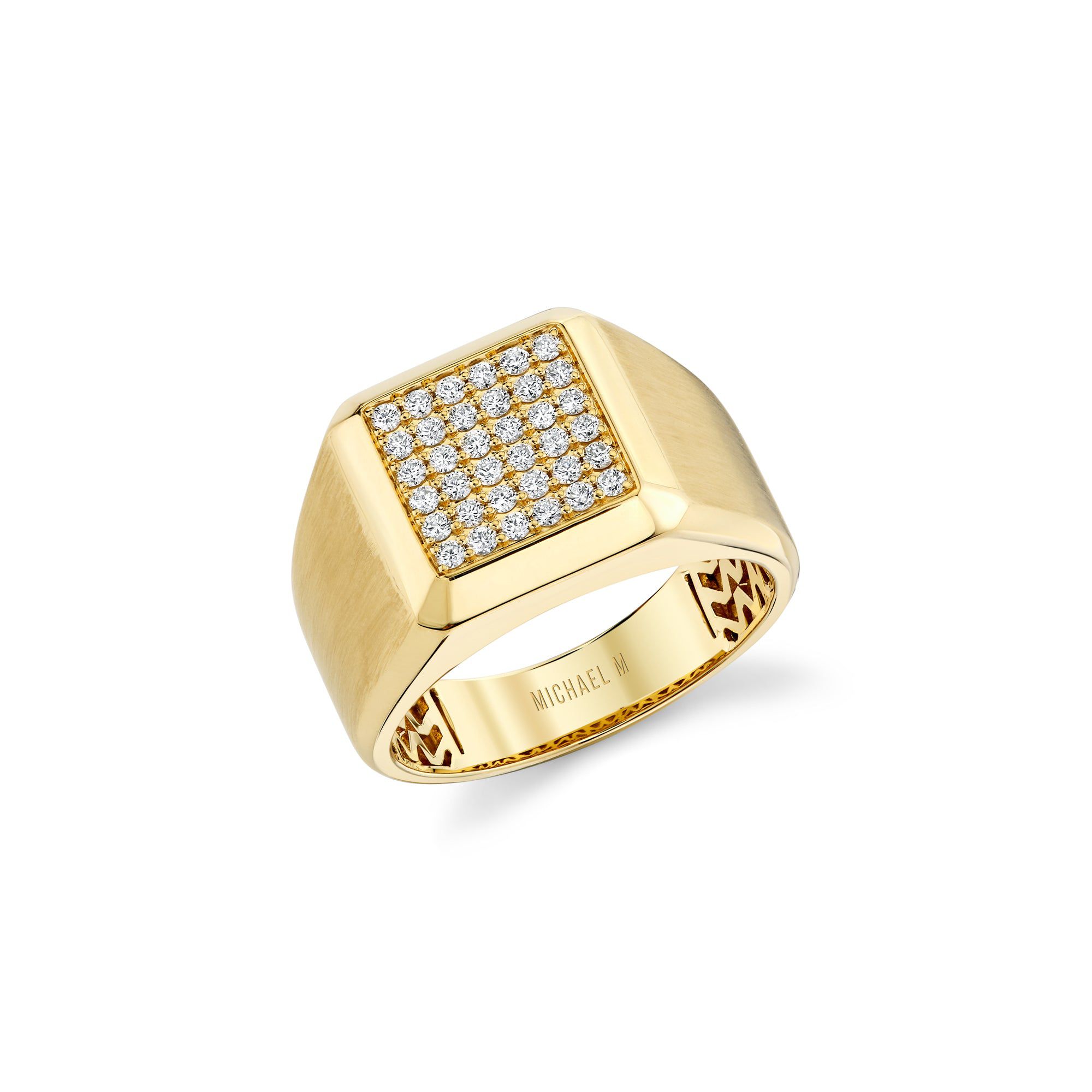 MICHAEL M Men's 18K Yellow Gold / 9 Mens Block Signet Ring with Pave