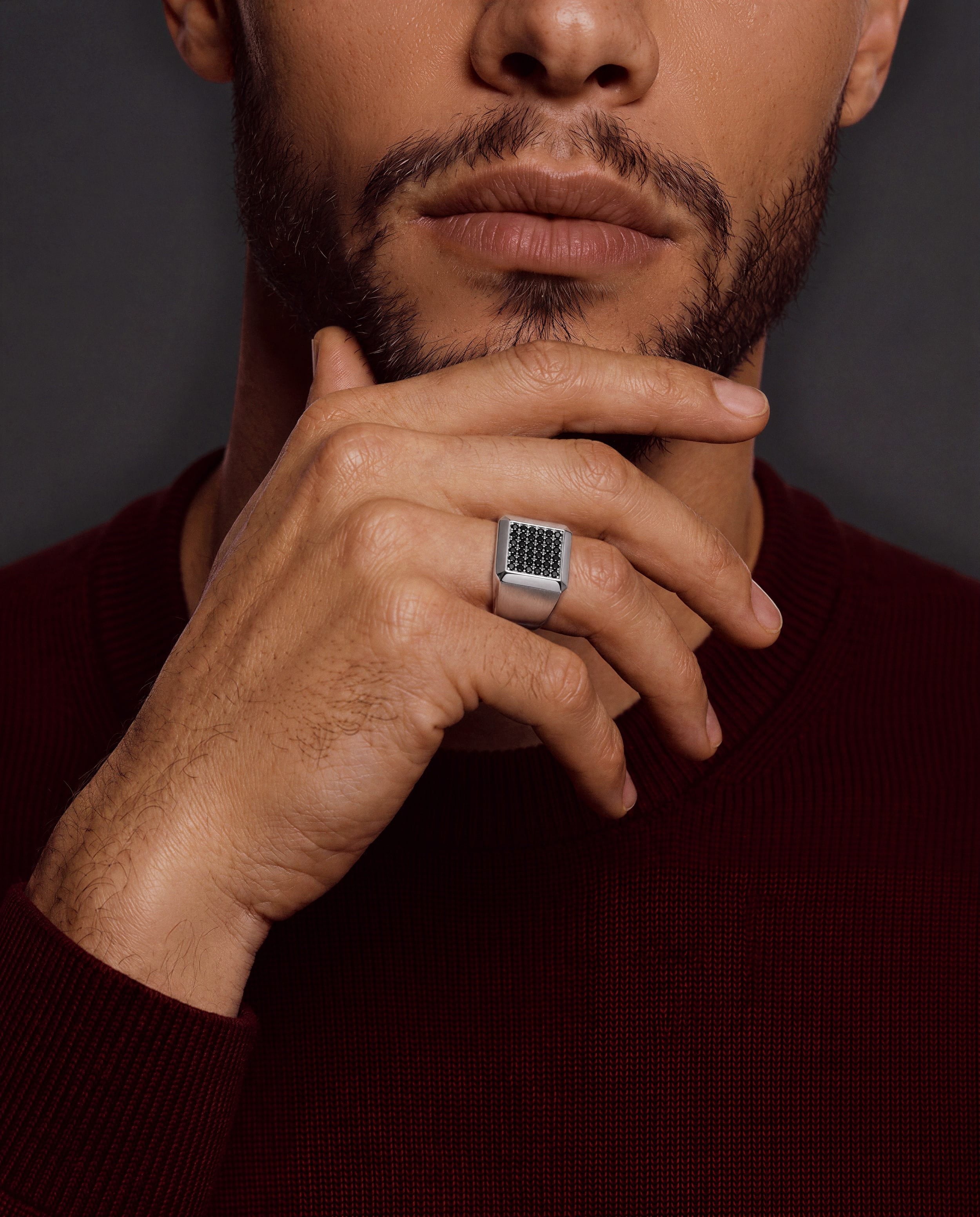 MICHAEL M Men's Men's Black Diamond Block Signet Ring with Pave