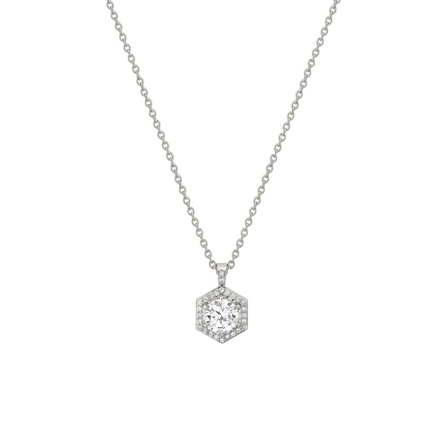 MICHAEL M Necklaces 14K White Gold Hex Halo Solitaire Pendant P424-1.0
