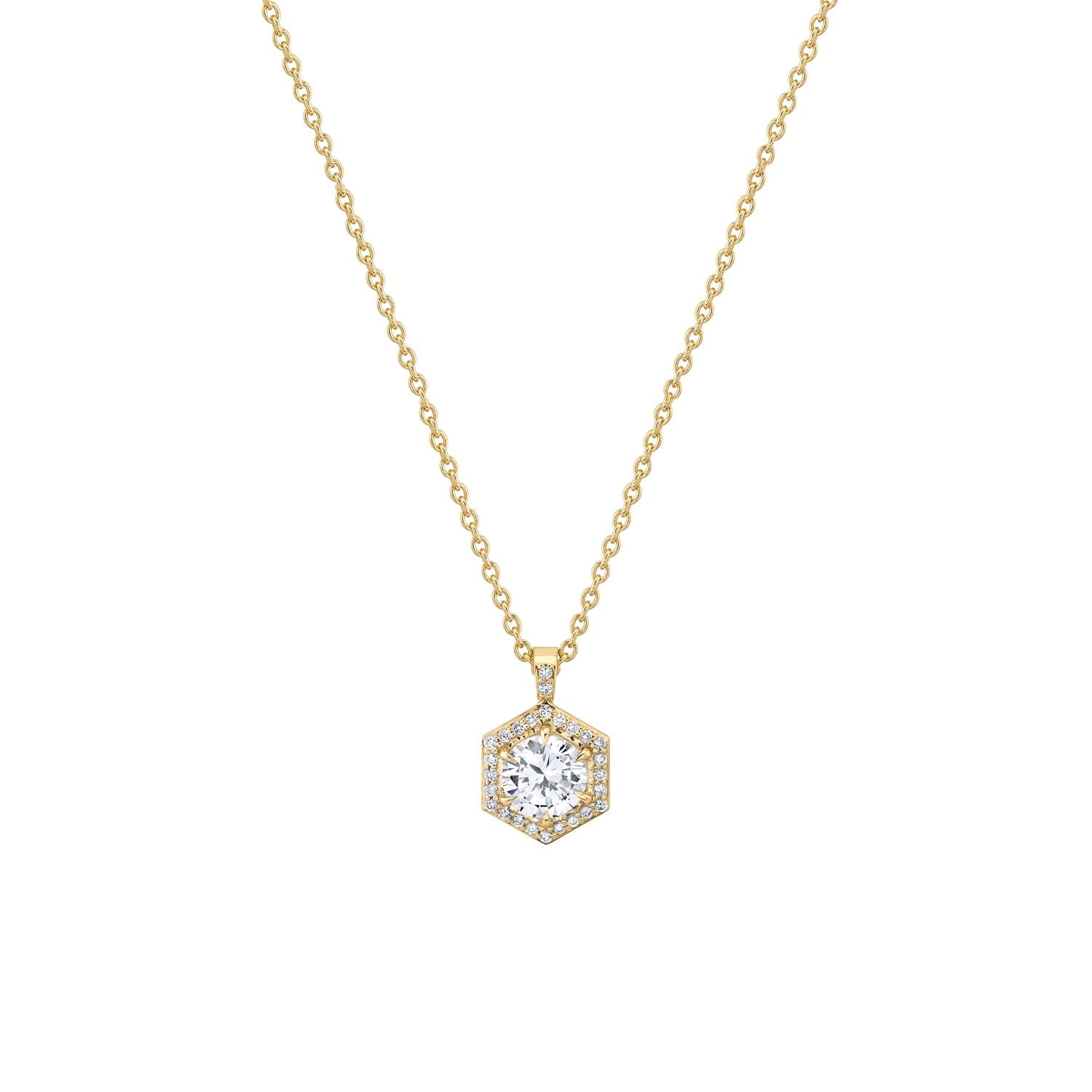 MICHAEL M Necklaces 14K Yellow Gold Hex Halo Solitaire Pendant P424-1.0