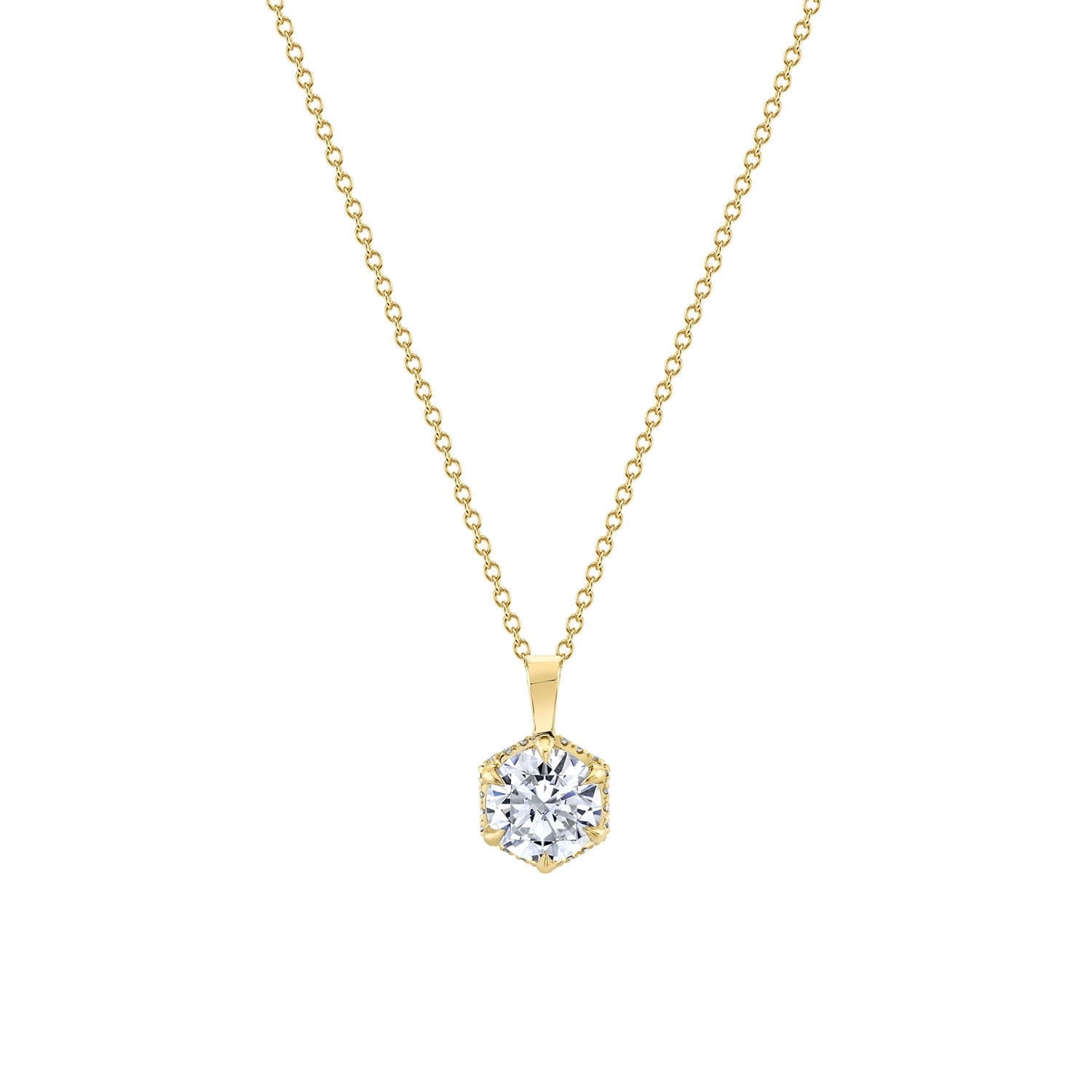 MICHAEL M Necklaces 14K Yellow Gold Hex Halo Solitaire Pendant P427-1.0
