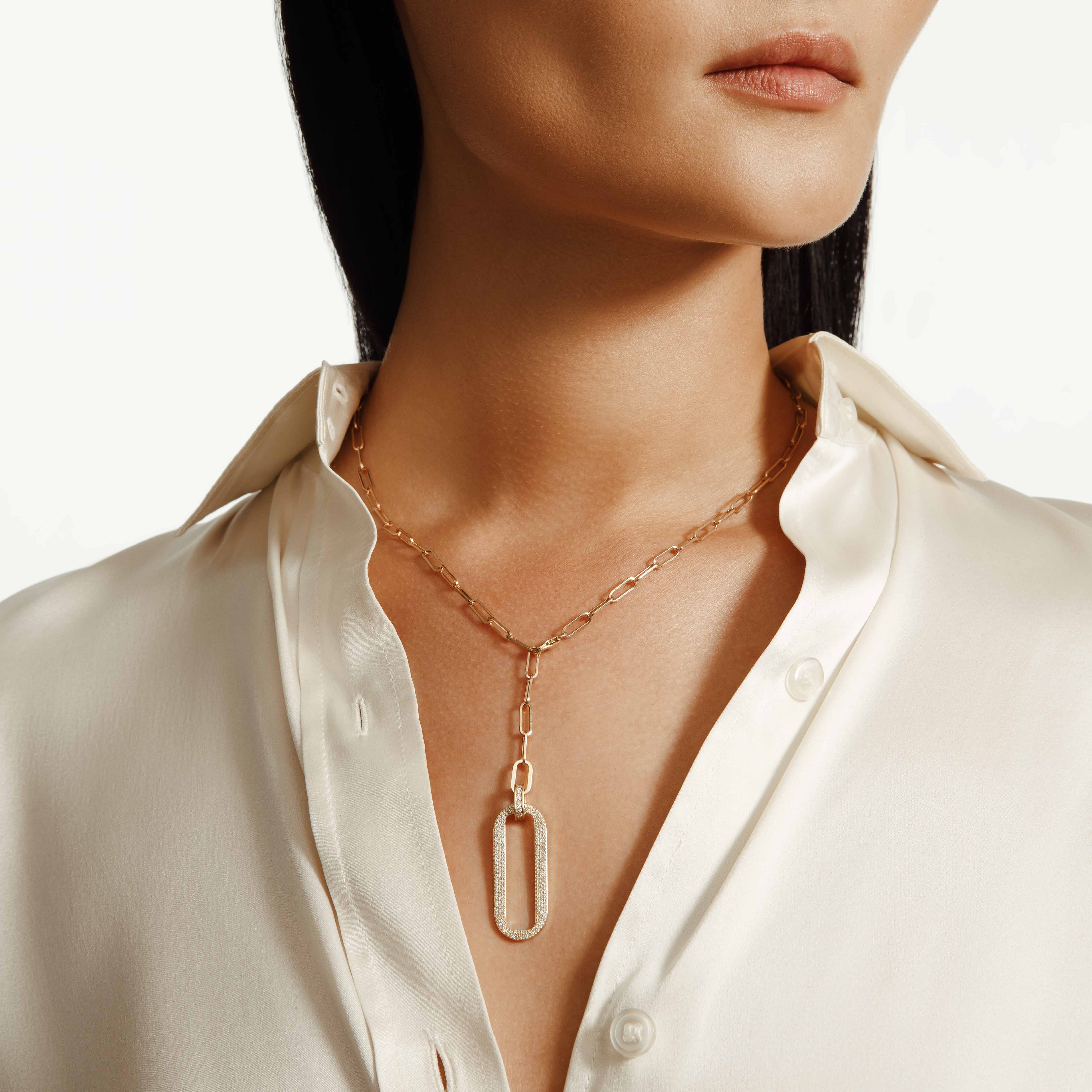 MICHAEL M Necklaces Pavé Longline Link Medallion Lariat