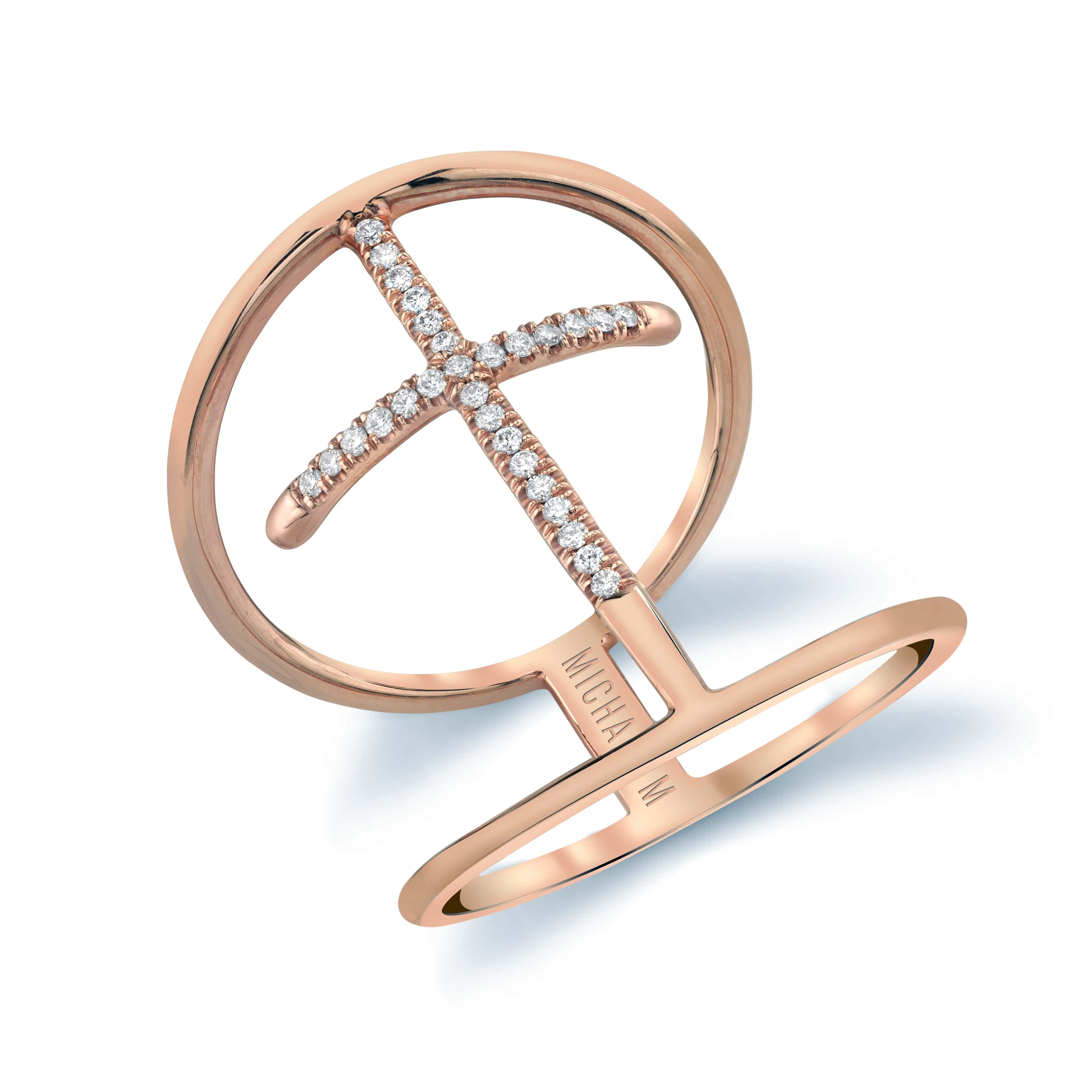 MICHAEL M Fashion Rings 14K Rose Gold / 4 Double Band Diamond Cross Ring F284-RG4